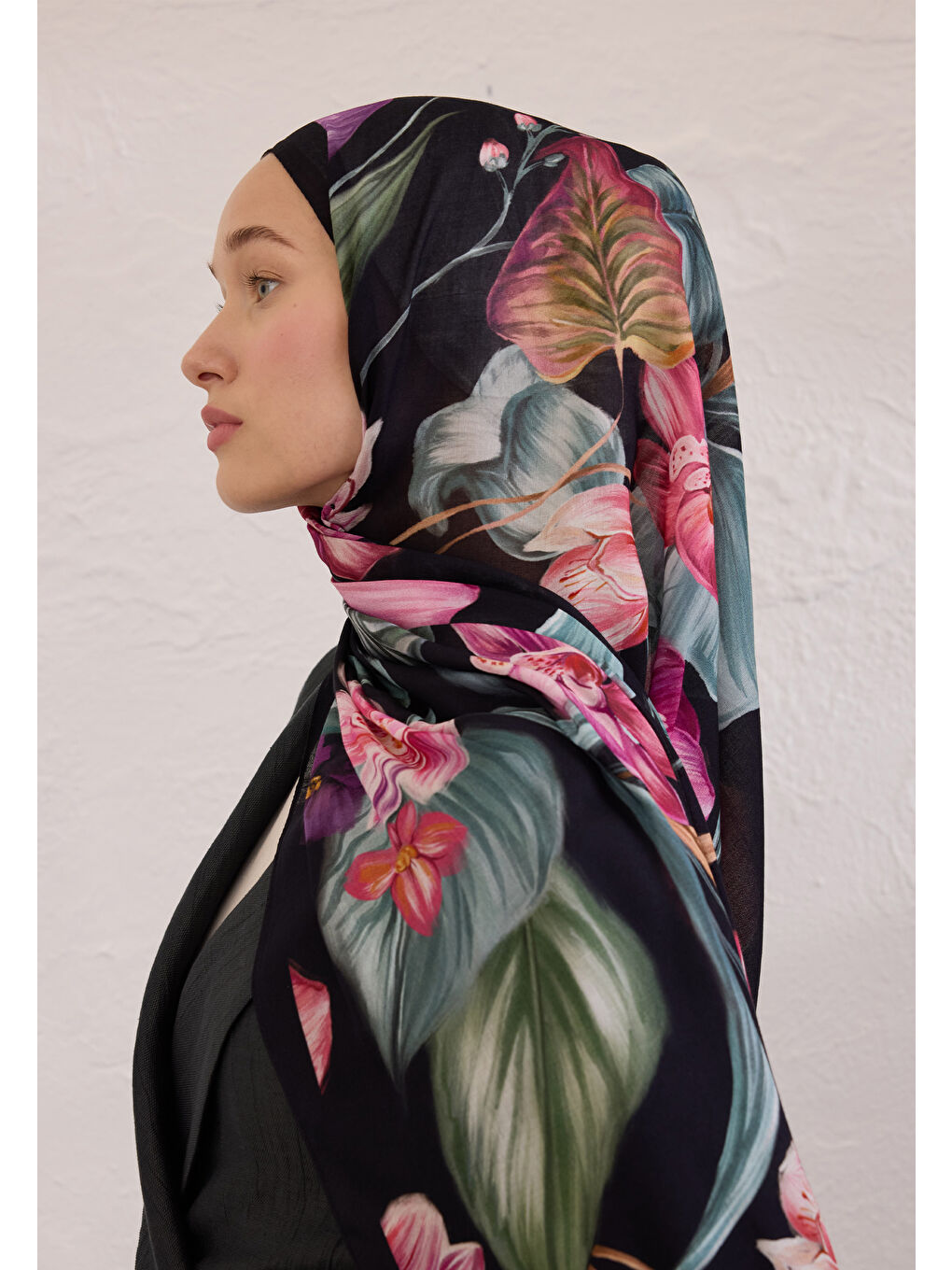 Elegant Flower Desen Rami Şal Siyah-2
