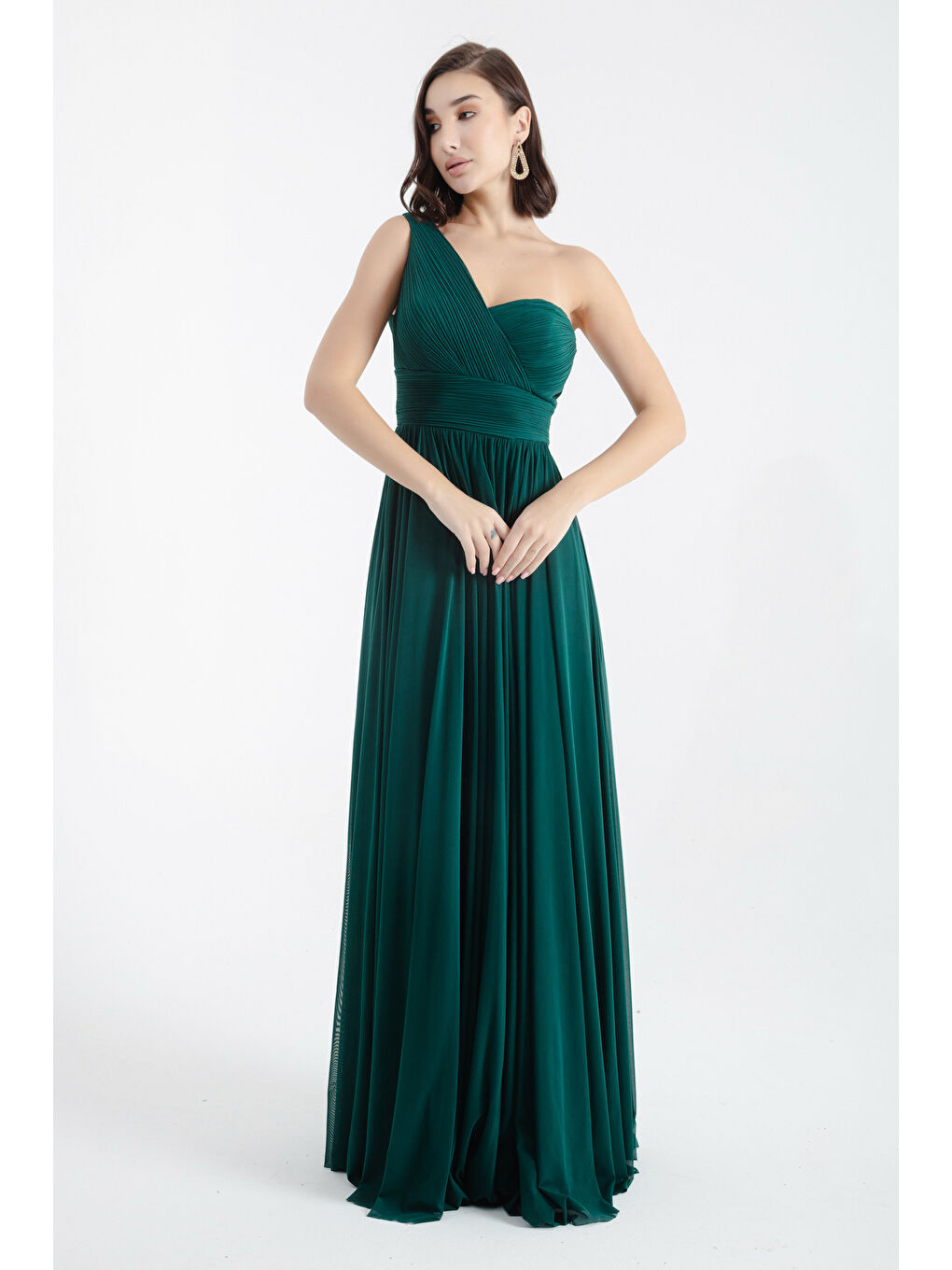 Kadın Zümrüt Yeşili Tek Omuz Yırtmaçlı Uzun Abiye Elbise-1