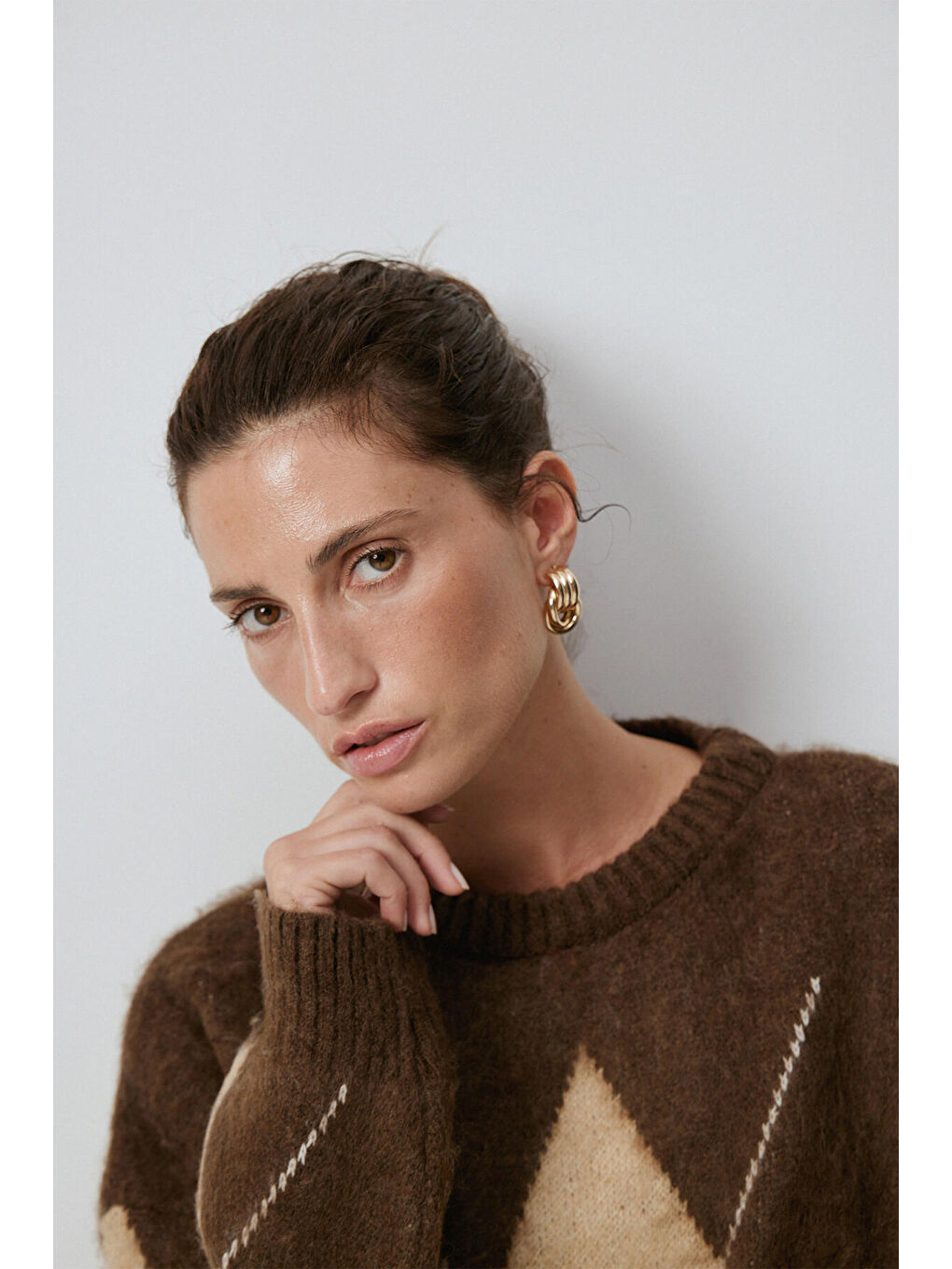 Kahverengi Baklava Desenli Triko Kazak-5