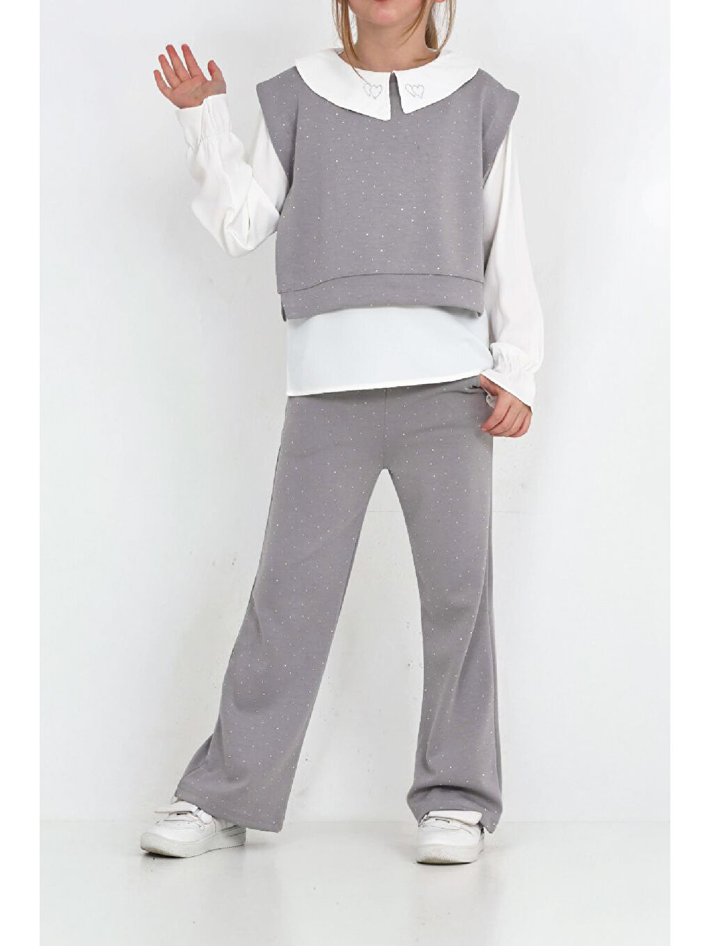 Gri Kız Çocuk 3'lü Takım (Pantolon+Yelek+Bluz) 12429-2