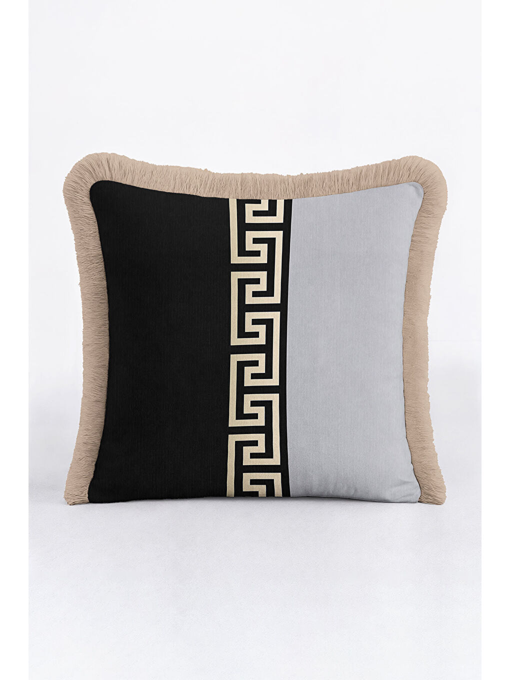 Karışık Yunan Geometrik Motifli Saçaklı Yastık Kılıfı - Lüks Modern Gri Siyah Gold Püsküllü Kırlent Kılıfı-1