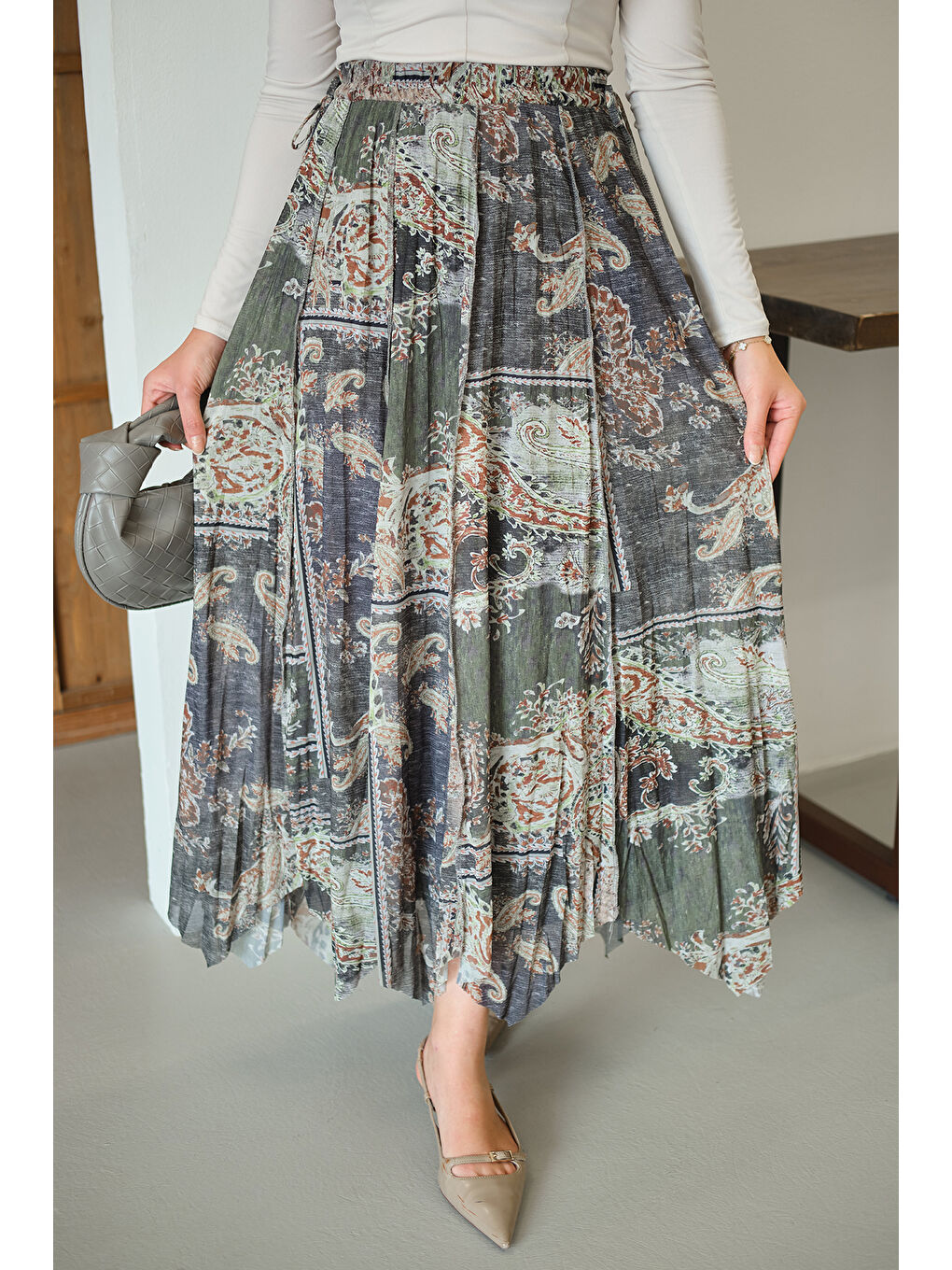 Kadın Etnik Desen Asimetrik Kesim Şifon Etek Yeşil-3