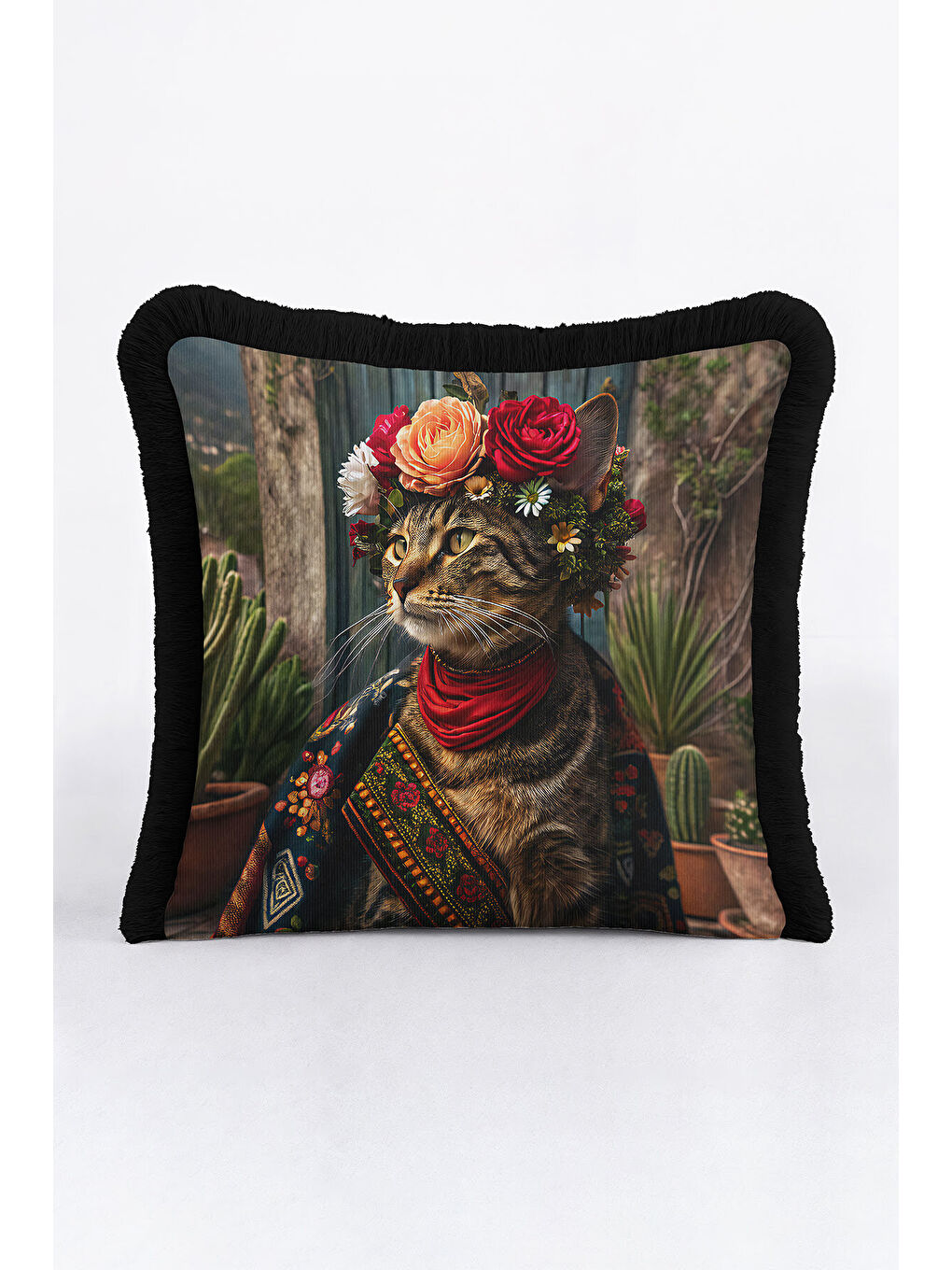 Karışık Bohem Çiçekli Saçaklı Yastık Kılıfı - Sanatsal Retro Çizgili Siyah Püsküllü Kırlent Kılıfı-2