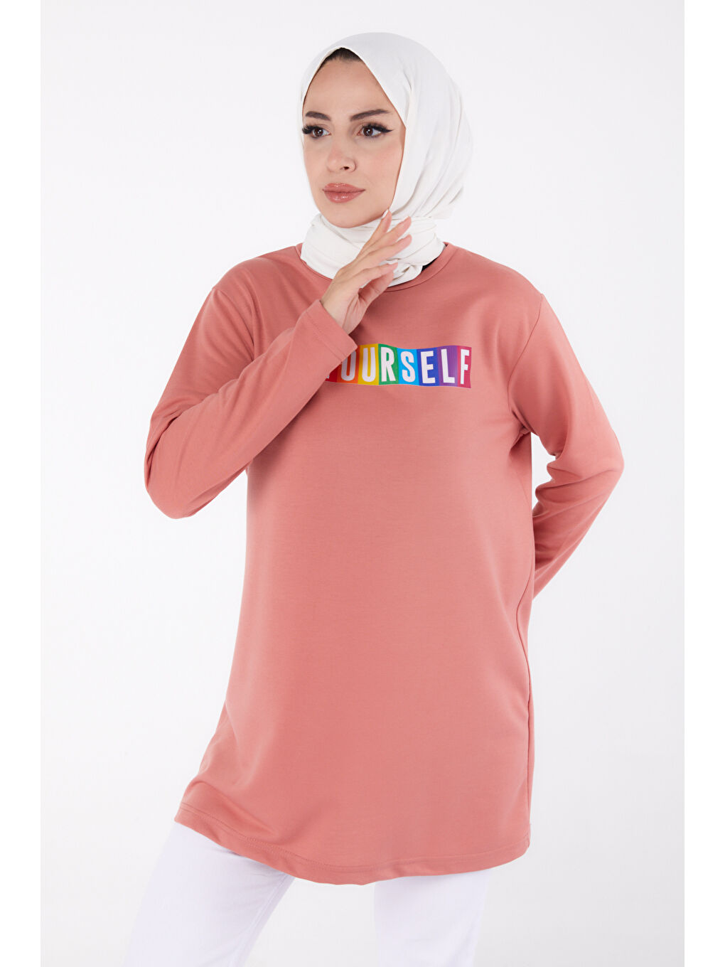 Pembe Baskılı Sweatshirt Gül - 13331-2