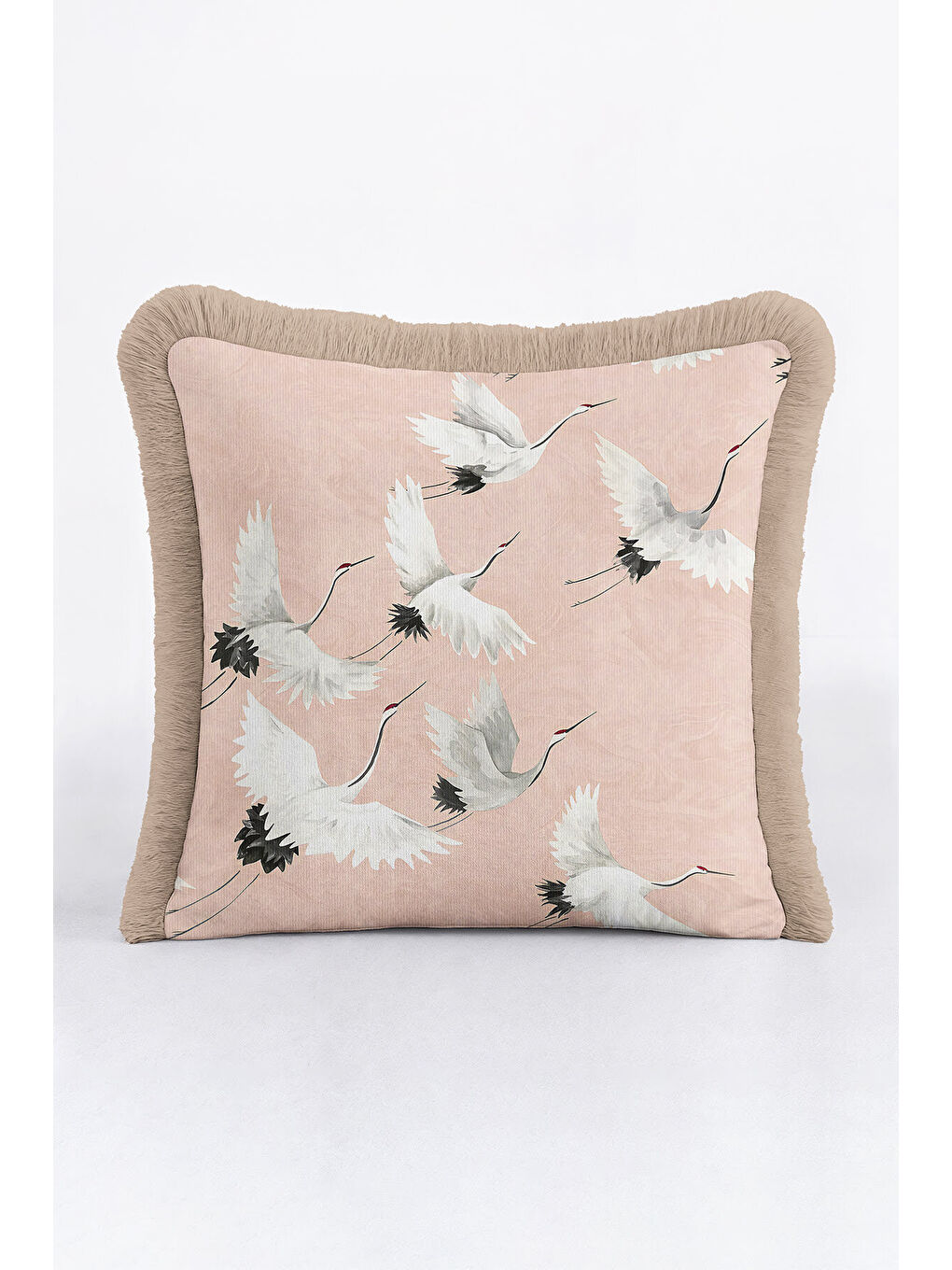 Karışık Japon Zarafeti Saçaklı Yastık Kılıfı - Uçan Turna Motifli Bohem Pudra Bej Püsküllü Kırlent Kılıfı-4