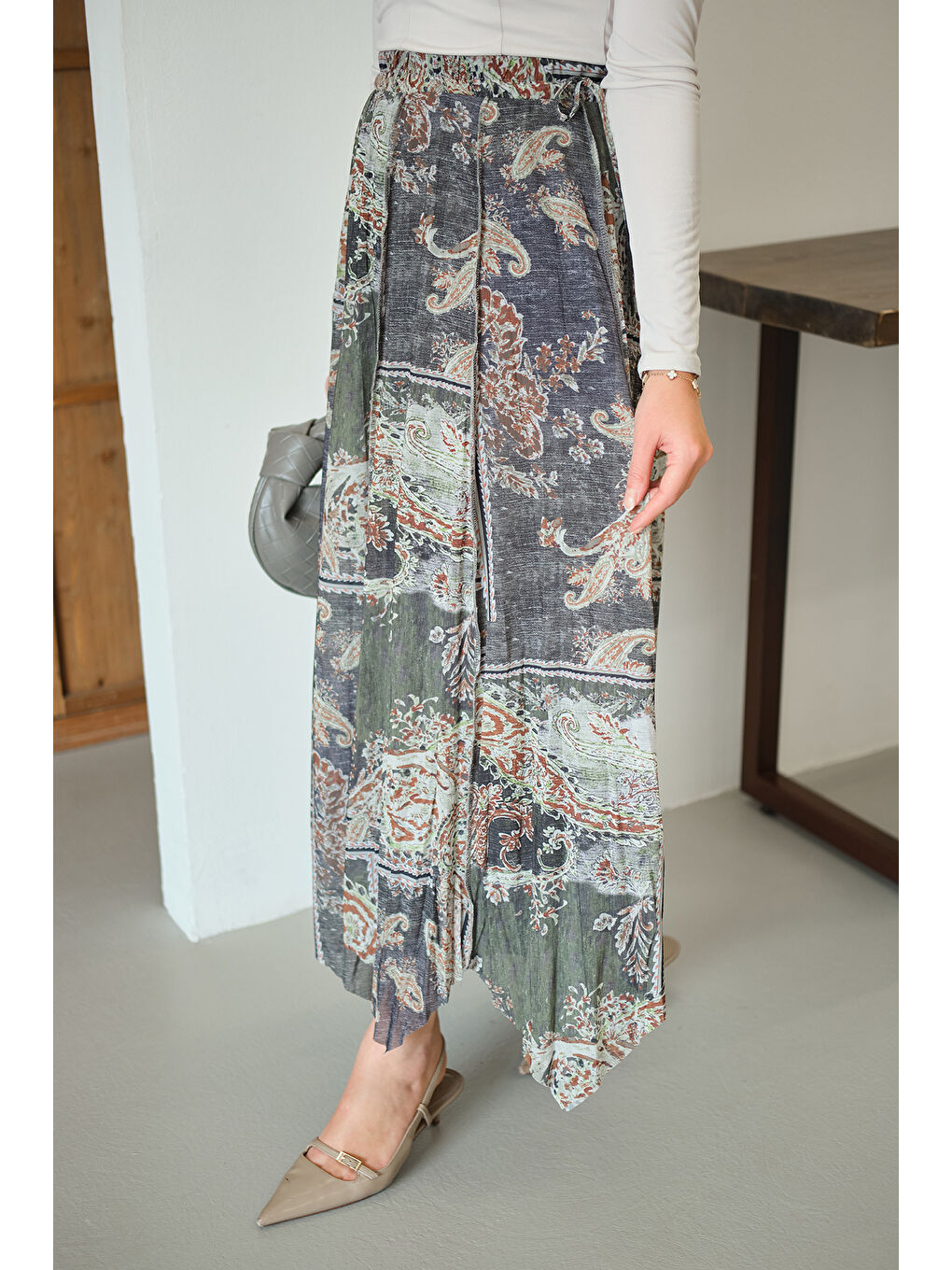 Kadın Etnik Desen Asimetrik Kesim Şifon Etek Yeşil-4