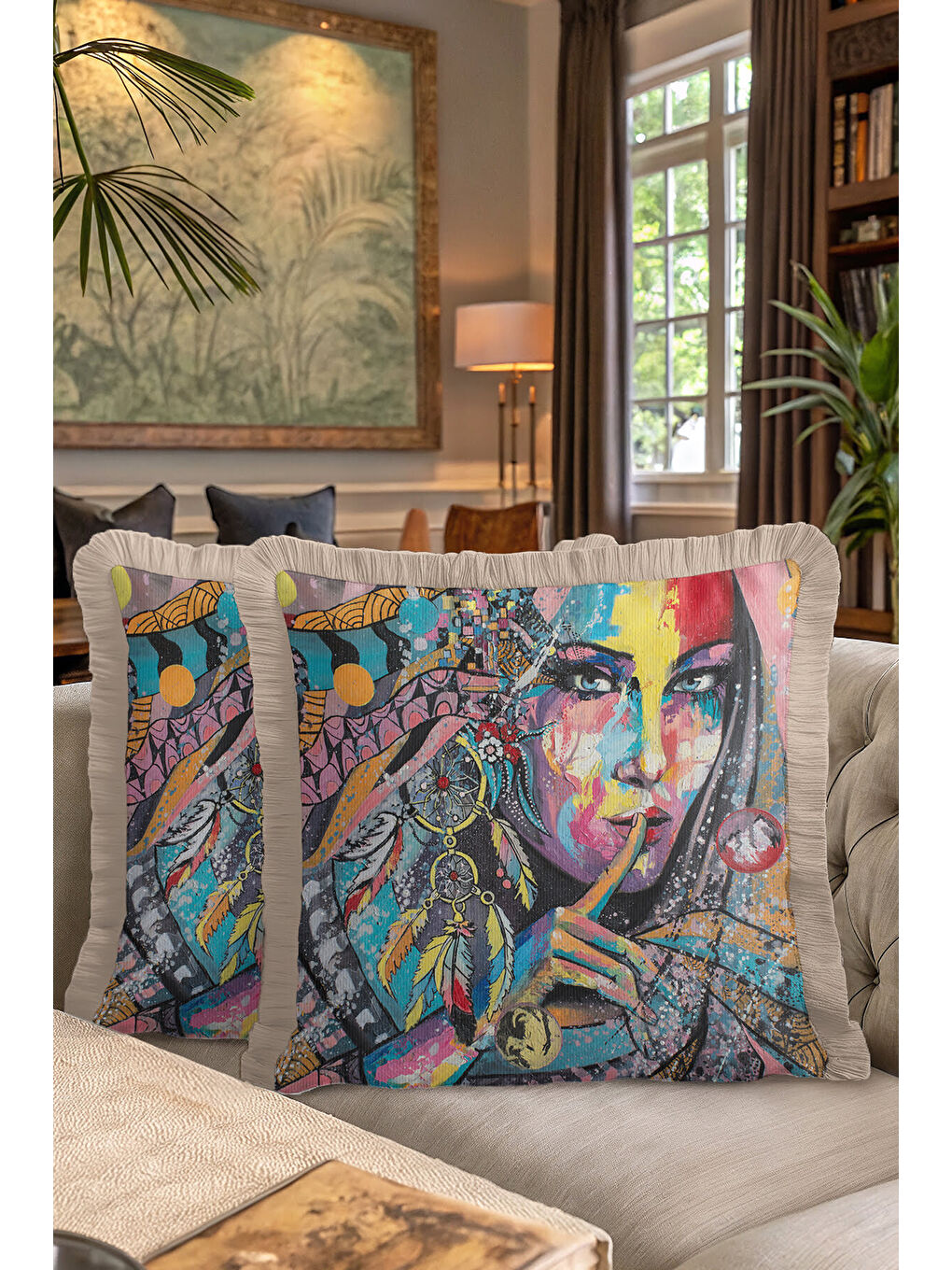 Karışık Renkli Sanat Portre Saçaklı Yastık Kılıfı - Bohem Etnik Vurgulu Mavi Bej Püsküllü Kırlent Kılıfı-7