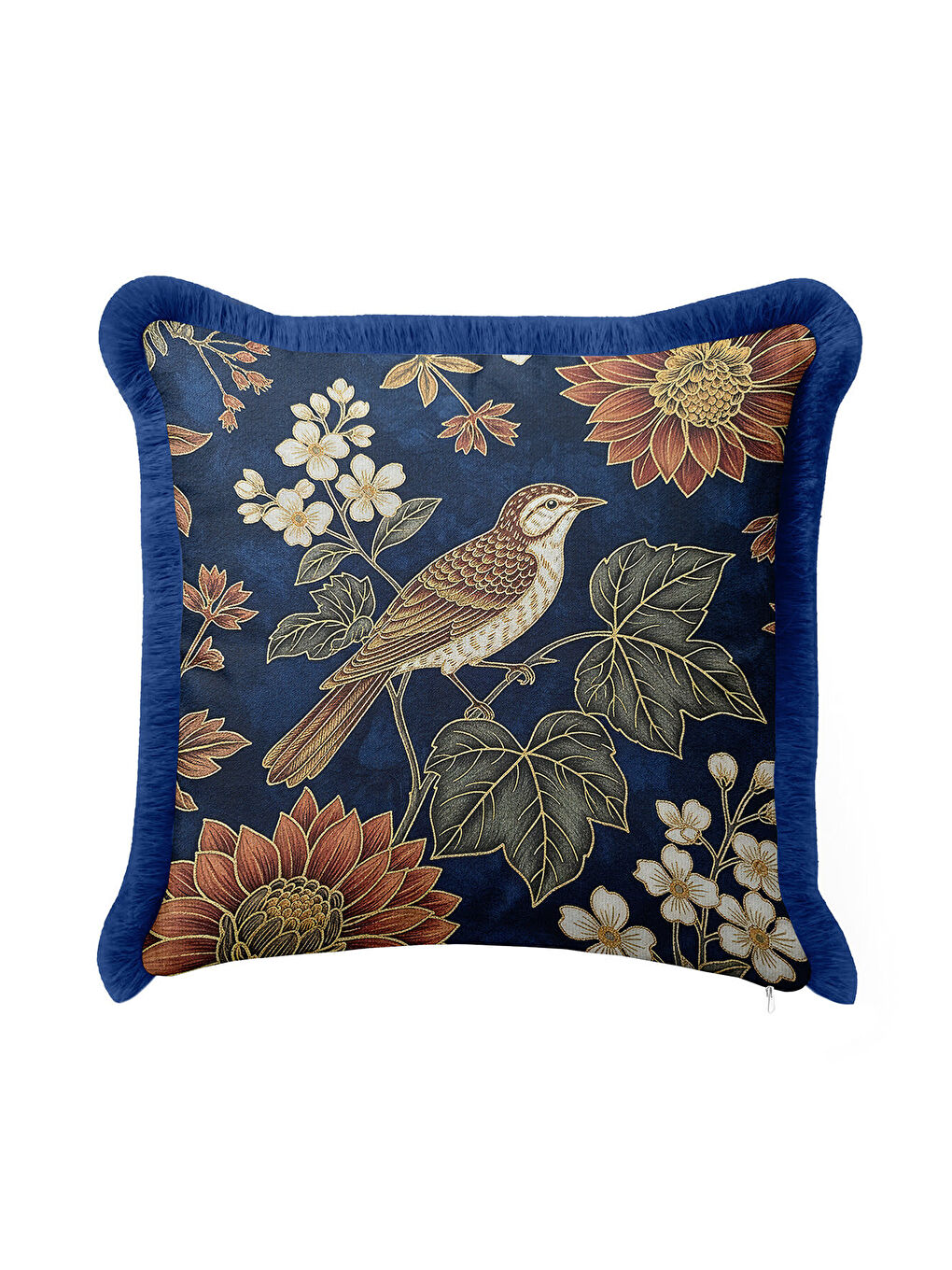 Karışık Lüks Kuş Çiçek Motifli Saçaklı Yastık Kılıfı - Vintage Rustik Lacivert Gold Püsküllü Kırlent Kılıfı-1