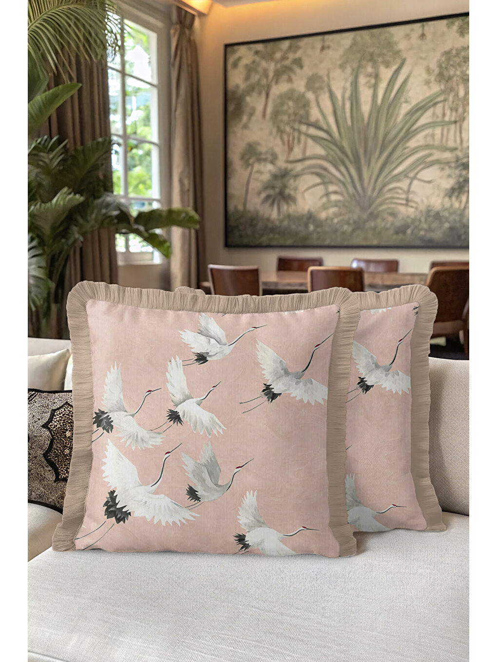 Karışık Japon Zarafeti Saçaklı Yastık Kılıfı - Uçan Turna Motifli Bohem Pudra Bej Püsküllü Kırlent Kılıfı-5