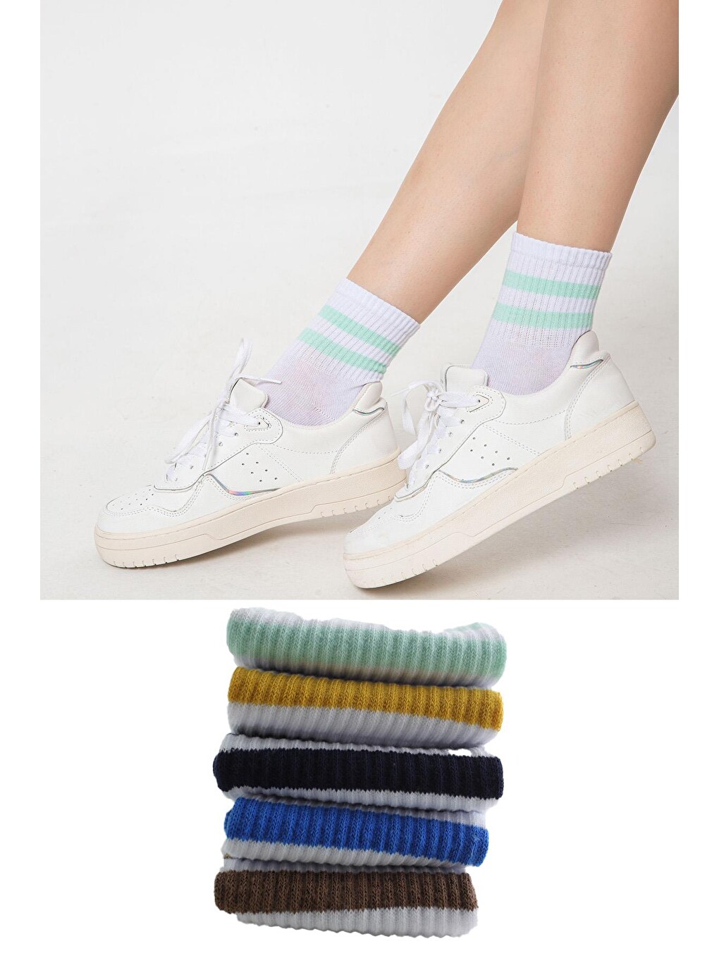 Beyaz 5'li paket beyaz renk Pamuklu farklı renklerde Çizgili Unisex Kadın Erkek Çorap