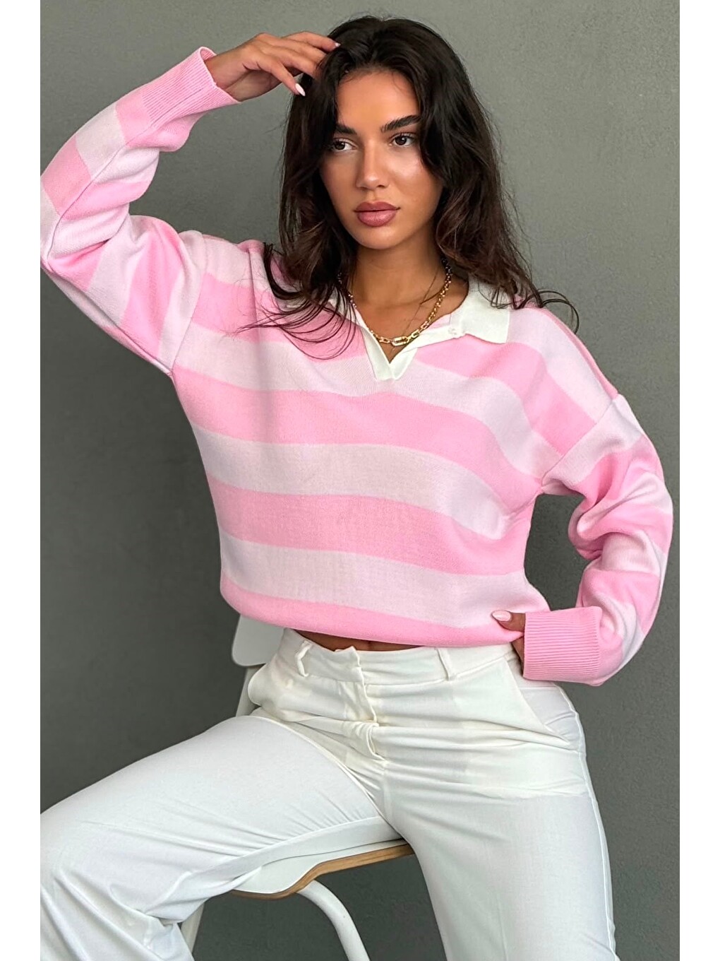 Pembe Çizgili Polo Yaka Kadın Kazak Mg2882-2