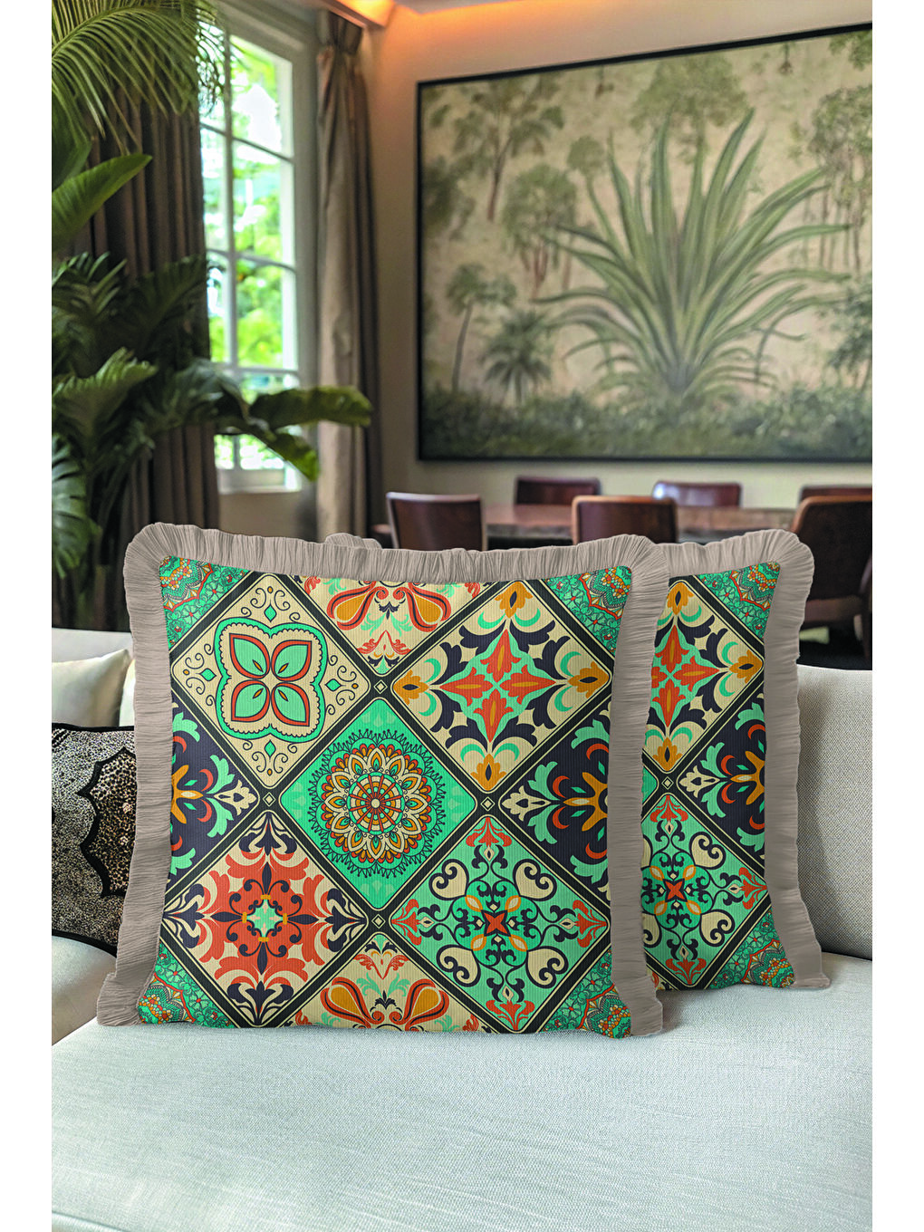 Karışık Avangart Mozaik Saçaklı Yastık Kılıfı - Vintage Etnik Mint Turuncu Gri Püsküllü Kırlent Kılıfı-5