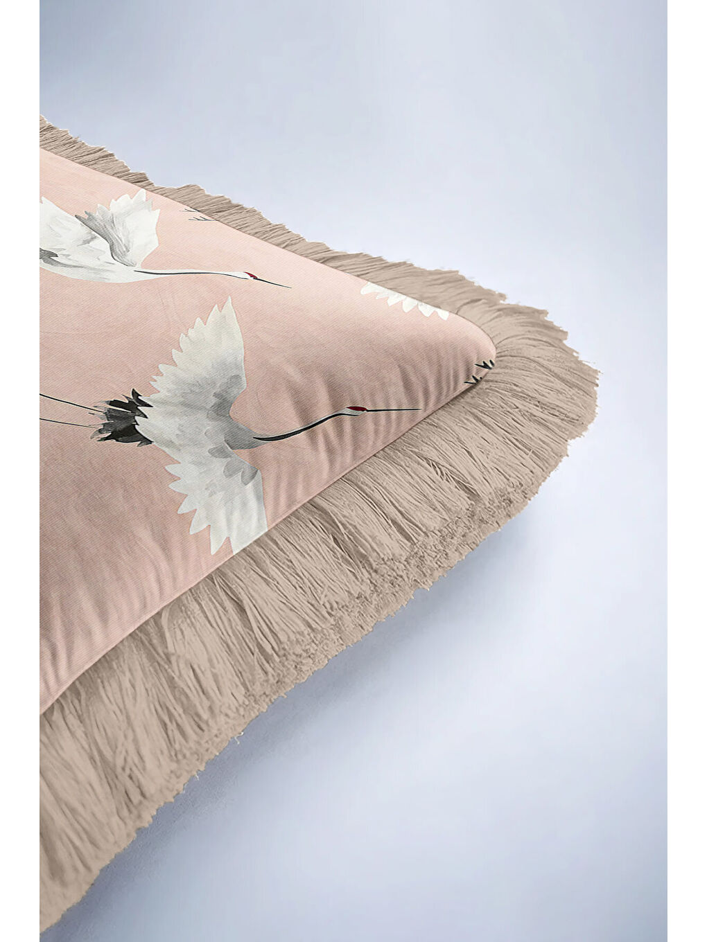 Karışık Japon Zarafeti Saçaklı Yastık Kılıfı - Uçan Turna Motifli Bohem Pudra Bej Püsküllü Kırlent Kılıfı-6