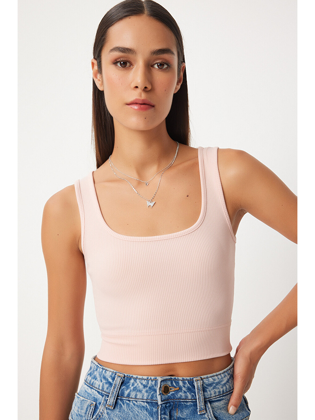 Pembe Kare Yaka Askılı Fitilli Crop Bluz AÇIK PUDRA LBF0016