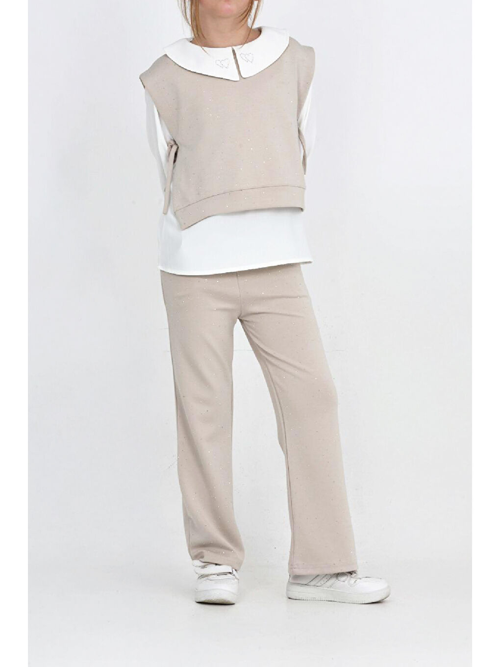 Ekru Kız Çocuk 3'lü Takım (Pantolon+Yelek+Bluz) 12429-1