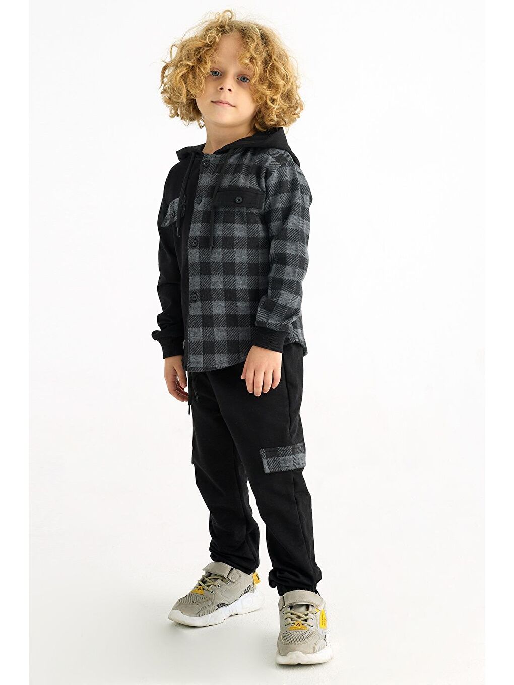 Antrasit Kapüşonlu Ekoseli Cepli Erkek Çocuk Takım