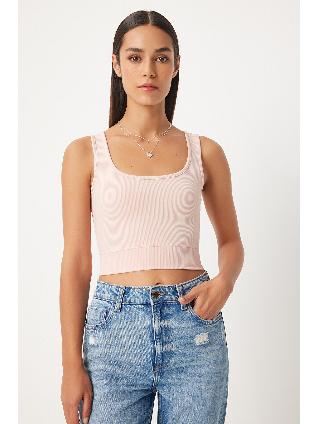 Pembe Kare Yaka Askılı Fitilli Crop Bluz AÇIK PUDRA LBF0016-1