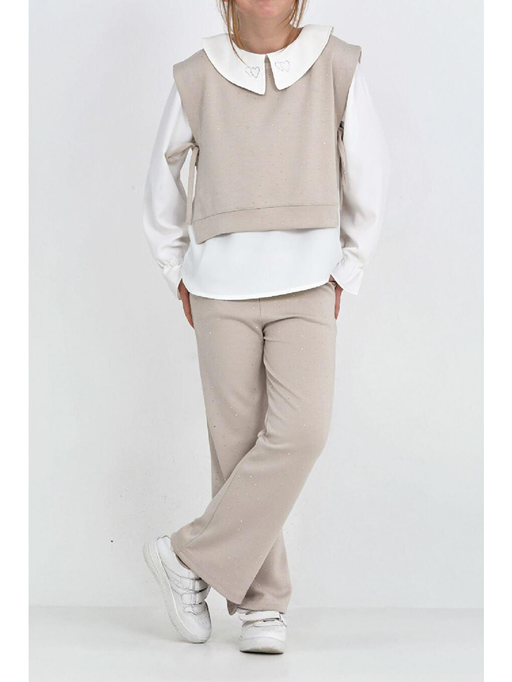 Ekru Kız Çocuk 3'lü Takım (Pantolon+Yelek+Bluz) 12429-2