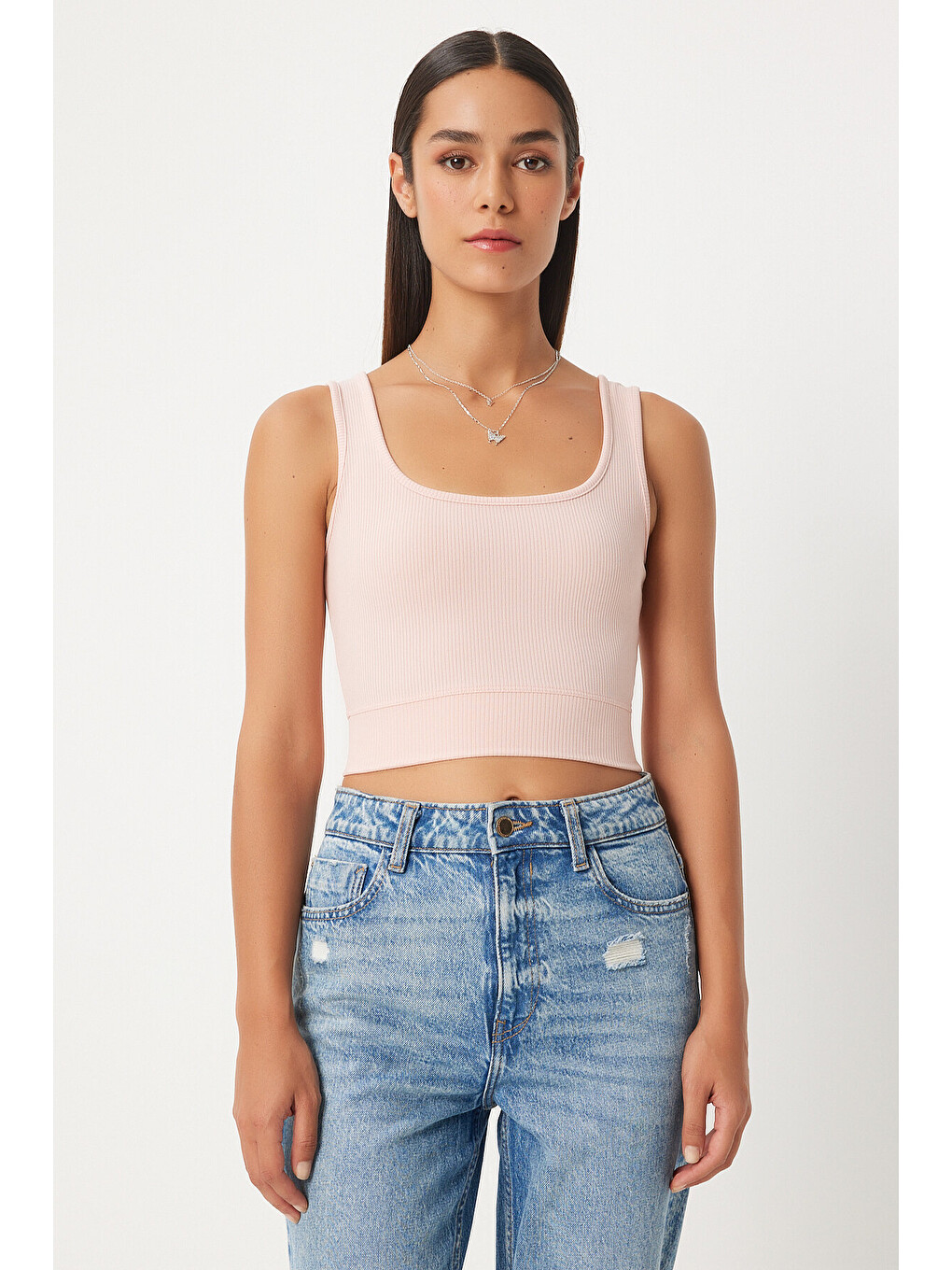 Pembe Kare Yaka Askılı Fitilli Crop Bluz AÇIK PUDRA LBF0016-2