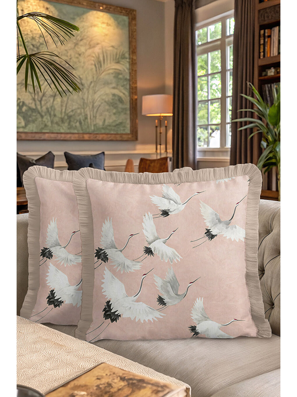 Karışık Japon Zarafeti Saçaklı Yastık Kılıfı - Uçan Turna Motifli Bohem Pudra Bej Püsküllü Kırlent Kılıfı-7