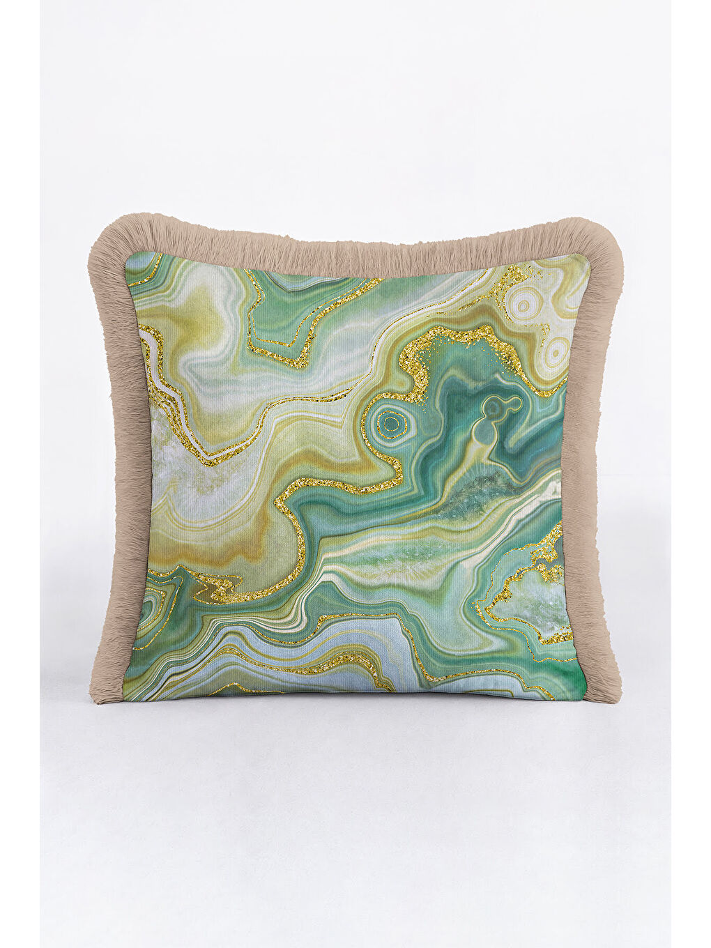 Karışık Zümrüt Mermer Doku Saçaklı Yastık Kılıfı - Lüks Bohem Akua Yeşil Altın Renk Püsküllü Kırlent Kılıfı