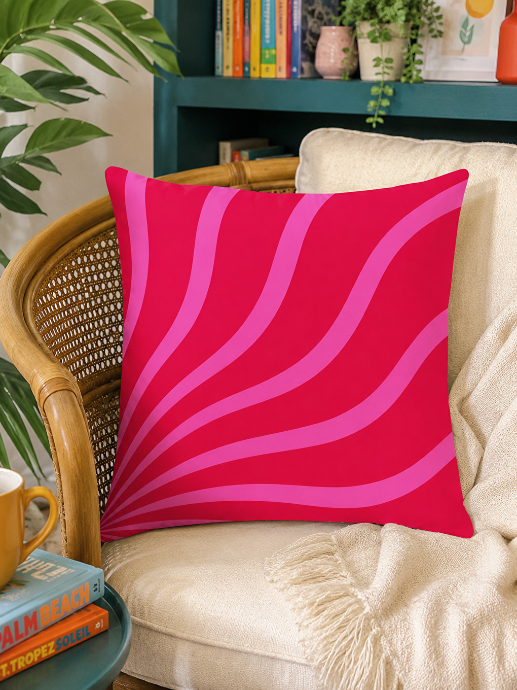 Fuşya Pembe Dalga Soyut Desenli Dekoratif Kırlent Kılıfı Modern Minimal Dekor 43x43 Cm-7
