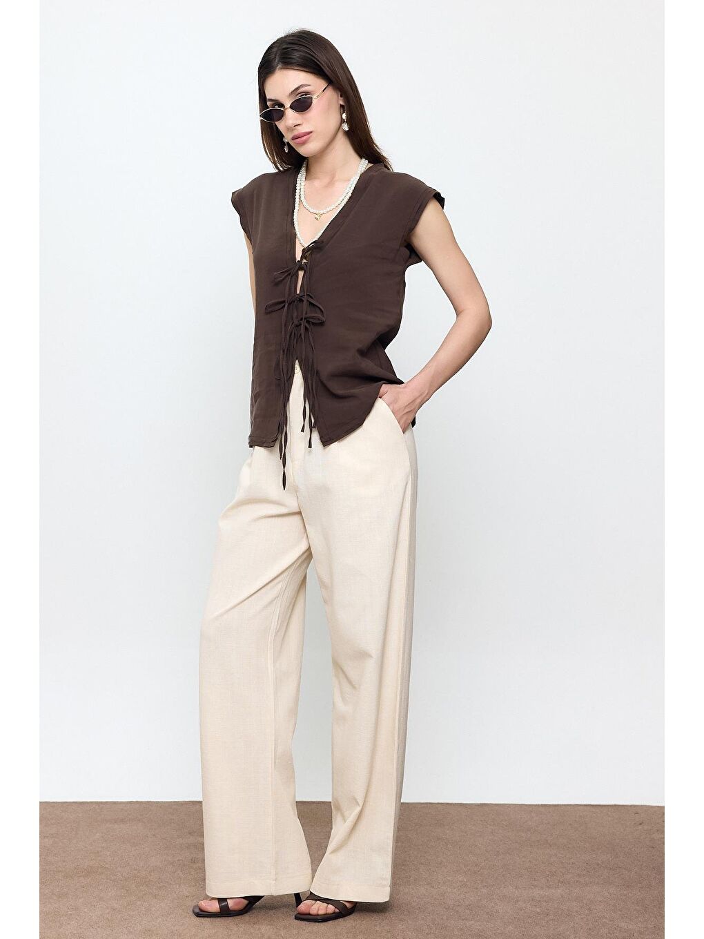 Bej %100 Pamuk Dad Fit Pantolon