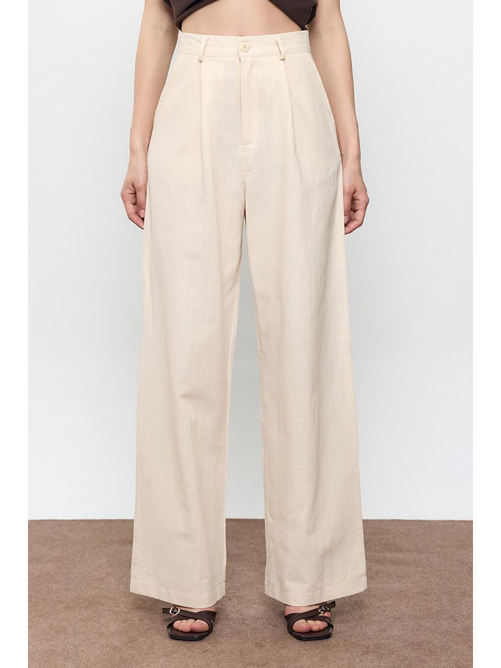 Bej %100 Pamuk Dad Fit Pantolon-1