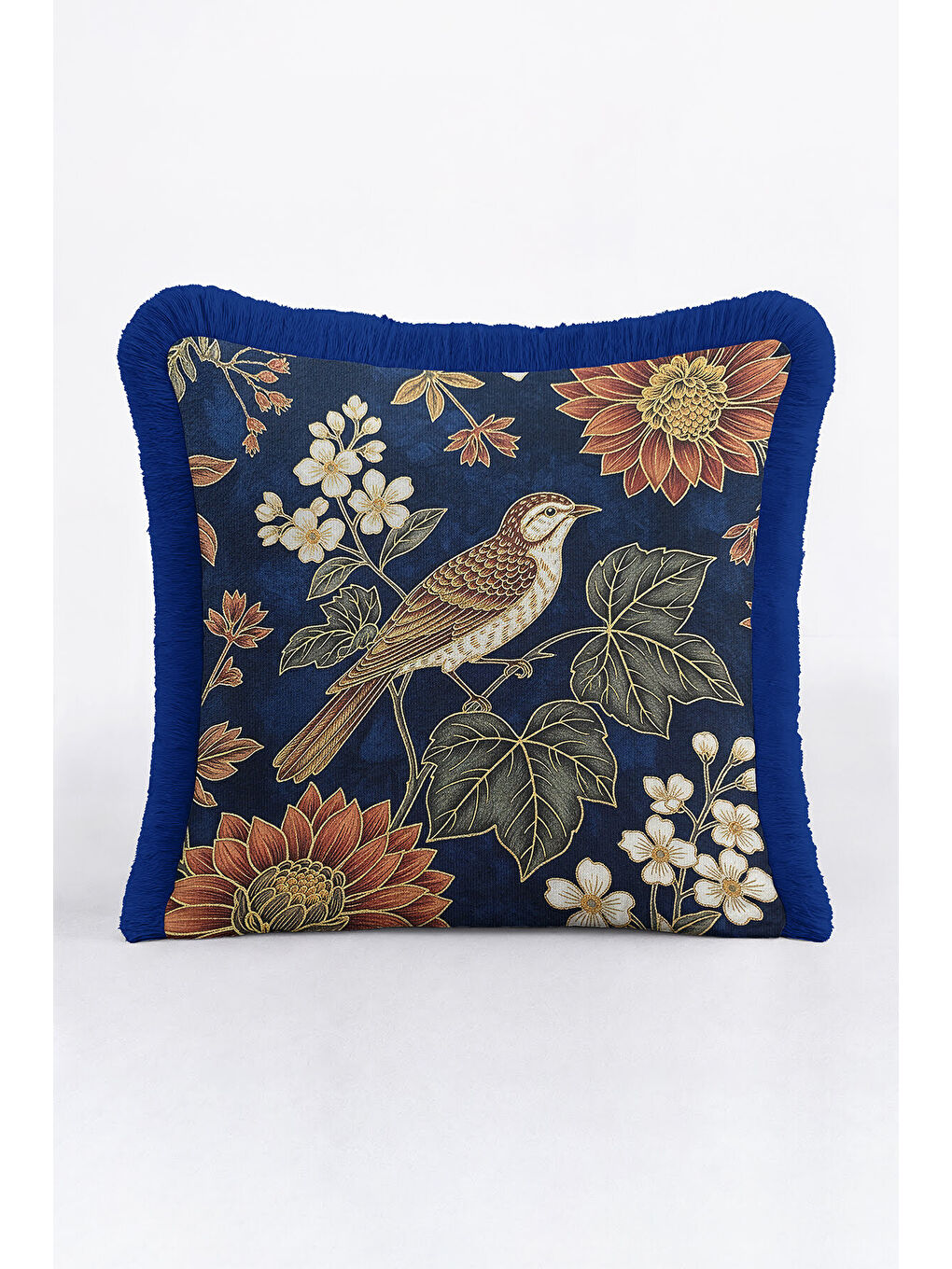 Karışık Lüks Kuş Çiçek Motifli Saçaklı Yastık Kılıfı - Vintage Rustik Lacivert Gold Püsküllü Kırlent Kılıfı-2
