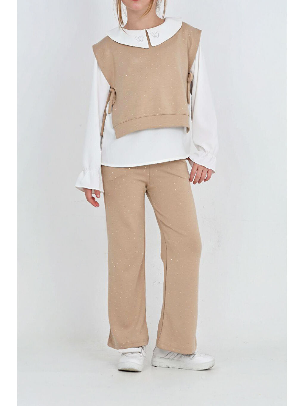 Ekru Kız Çocuk 3'lü Takım (Pantolon+Yelek+Bluz) 12429