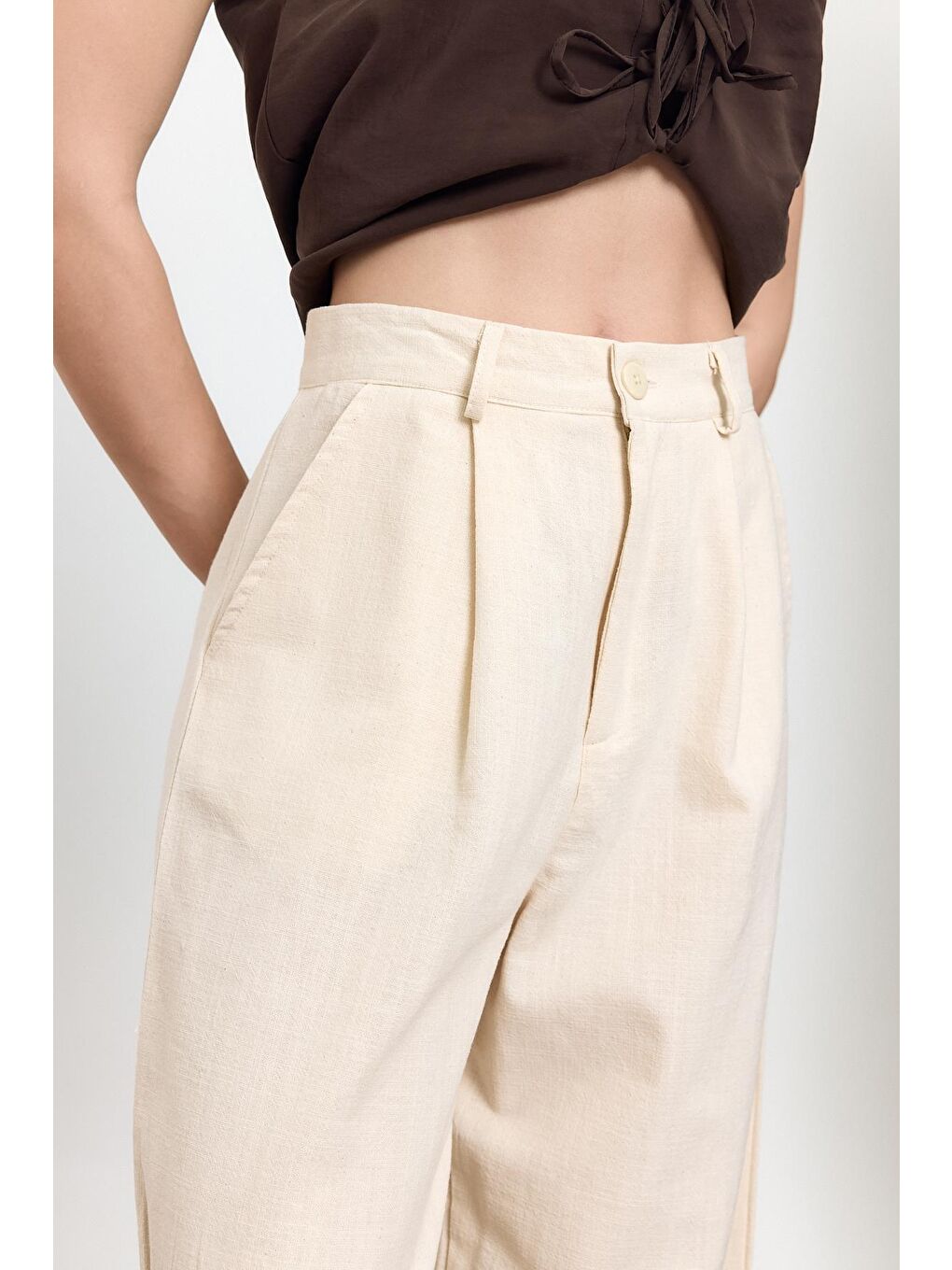 Bej %100 Pamuk Dad Fit Pantolon-3