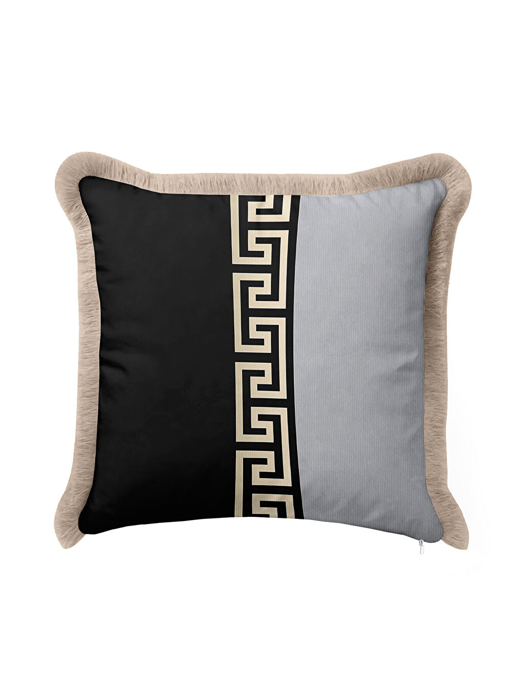 Karışık Yunan Geometrik Motifli Saçaklı Yastık Kılıfı - Lüks Modern Gri Siyah Gold Püsküllü Kırlent Kılıfı-3