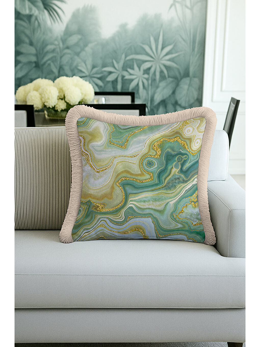 Karışık Zümrüt Mermer Doku Saçaklı Yastık Kılıfı - Lüks Bohem Akua Yeşil Altın Renk Püsküllü Kırlent Kılıfı-1