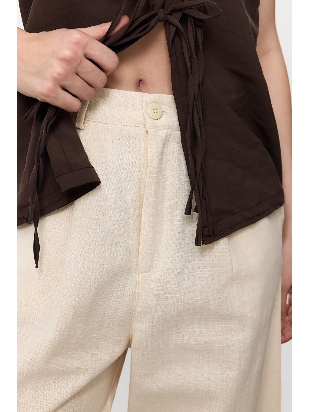 Bej %100 Pamuk Dad Fit Pantolon-4