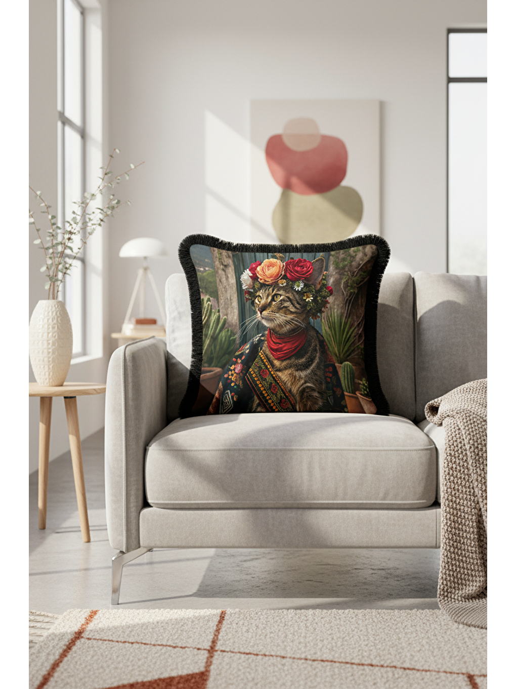 Karışık Bohem Çiçekli Saçaklı Yastık Kılıfı - Sanatsal Retro Çizgili Siyah Püsküllü Kırlent Kılıfı-3