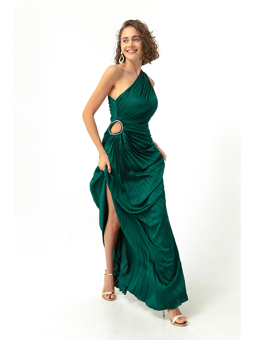 Kadın Zümrüt Yeşili Tek Omuzlu Dekolteli Uzun Abiye Elbise