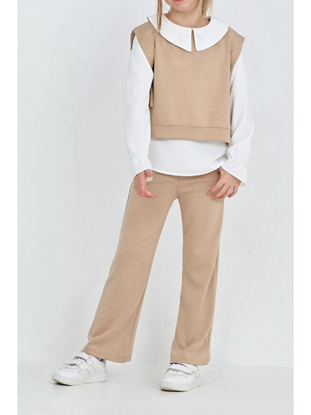 Ekru Kız Çocuk 3'lü Takım (Pantolon+Yelek+Bluz) 12429-3