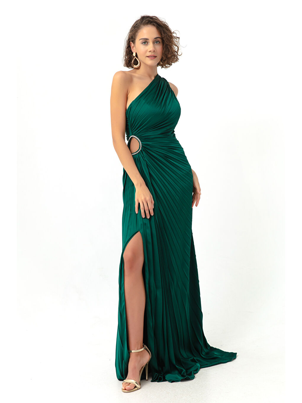 Kadın Zümrüt Yeşili Tek Omuzlu Dekolteli Uzun Abiye Elbise-1