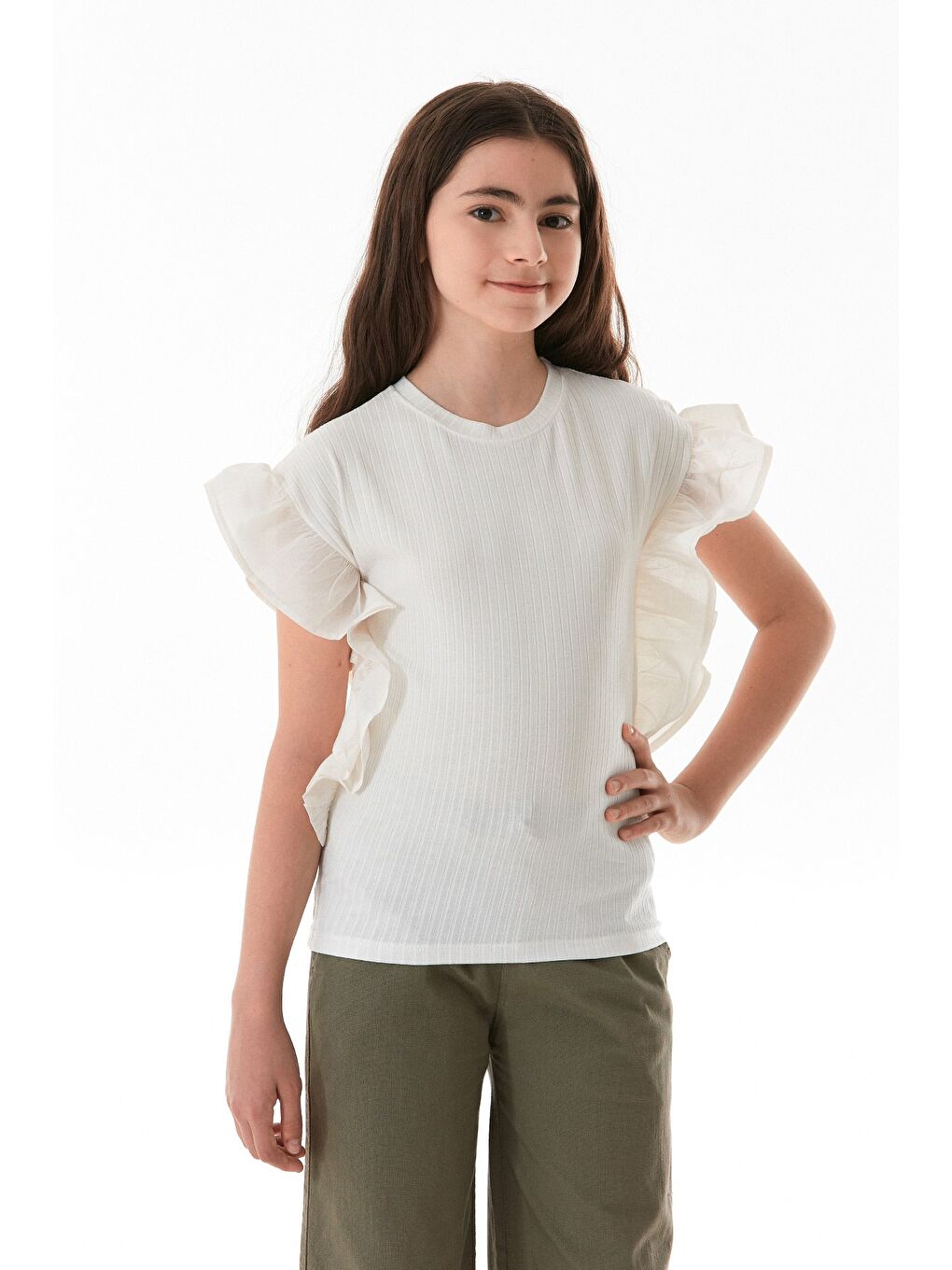 Ekru Fitilli Yanları Volanlı Kız Çocuk Bluz-1