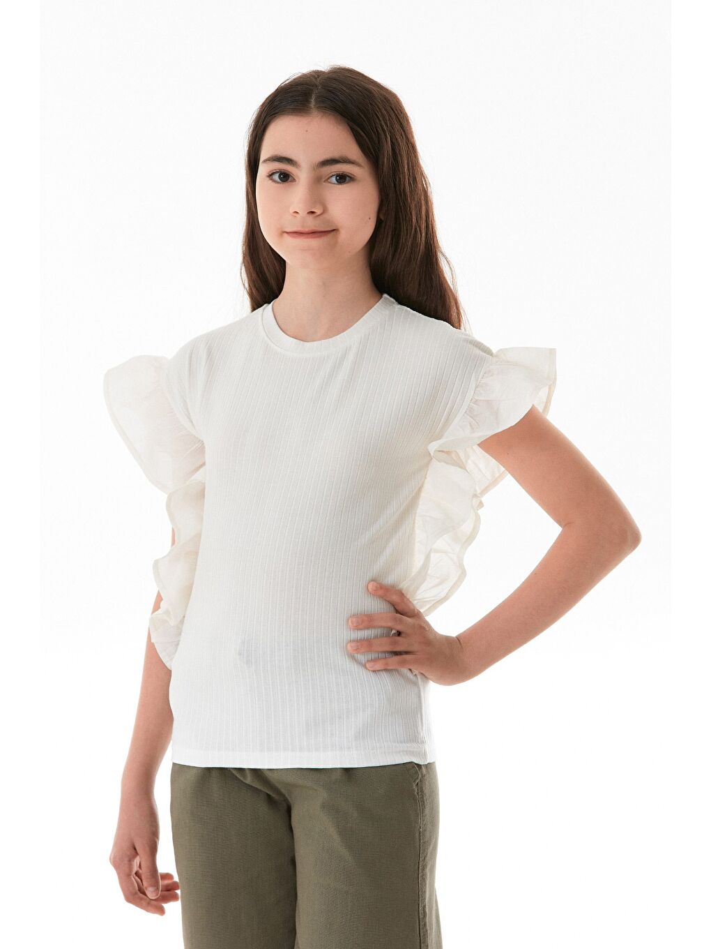 Ekru Fitilli Yanları Volanlı Kız Çocuk Bluz-3