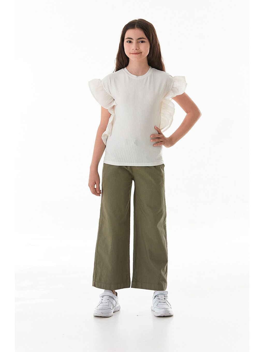 Ekru Fitilli Yanları Volanlı Kız Çocuk Bluz-4