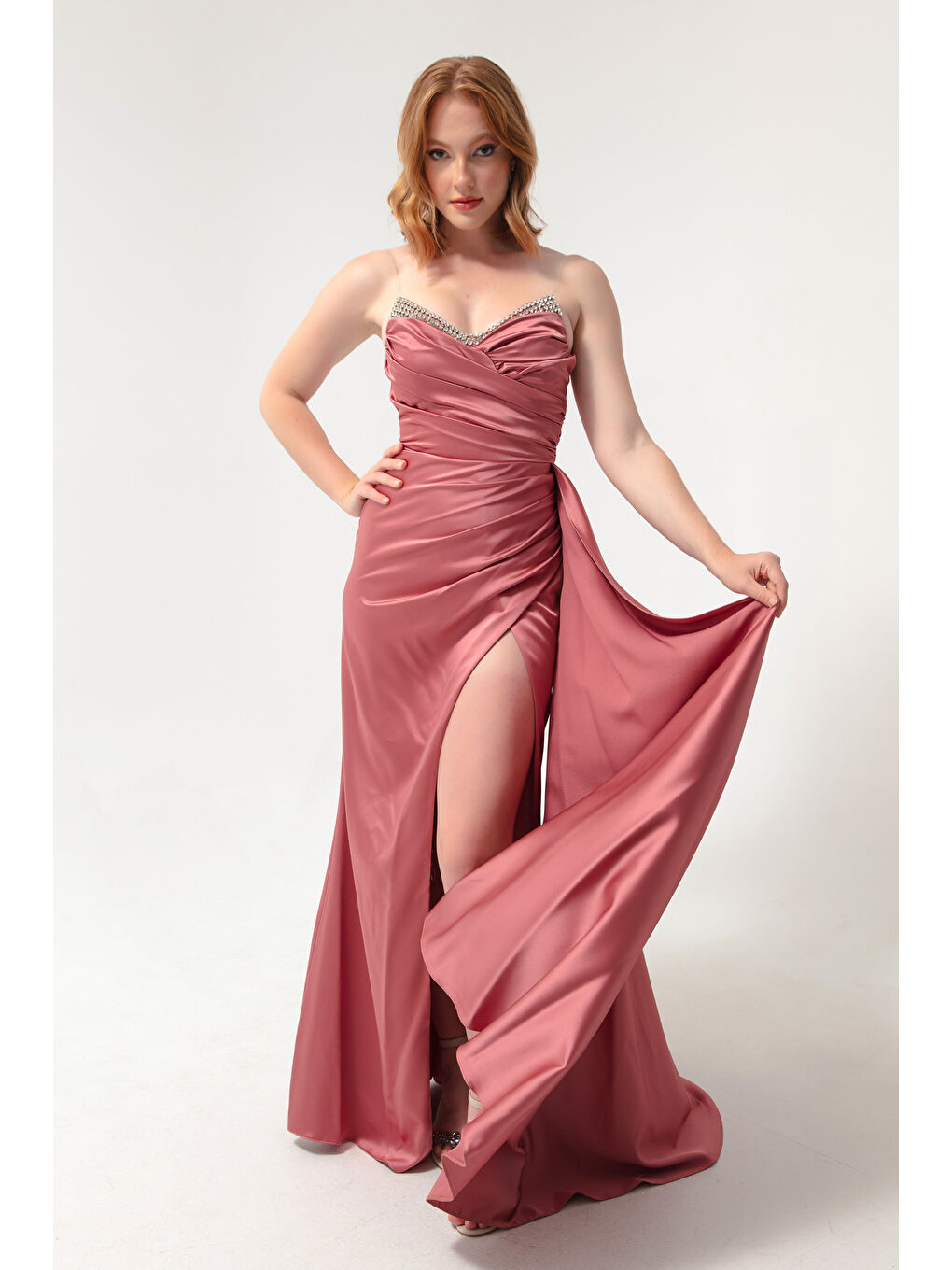 Pembe Kadın Somon Göğüs Taşlı Uzun Abiye Elbise-2