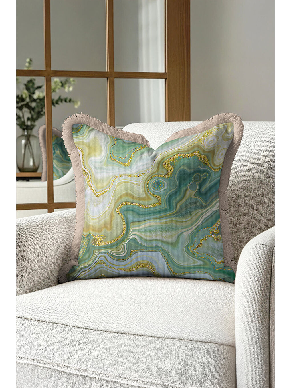 Karışık Zümrüt Mermer Doku Saçaklı Yastık Kılıfı - Lüks Bohem Akua Yeşil Altın Renk Püsküllü Kırlent Kılıfı-2