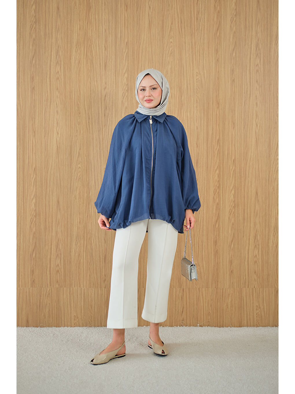 Kadın Astarlı Balon Kol Ceket İndigo Mavi-1