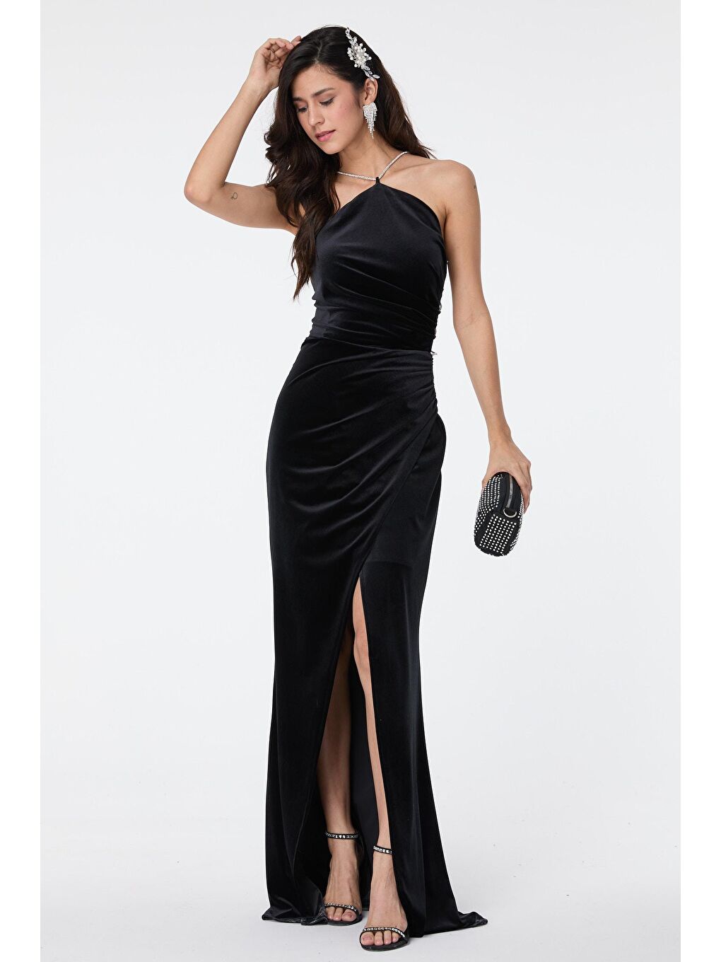 Düz Orta Kadın Siyah Abiye Elbise - 23559-1