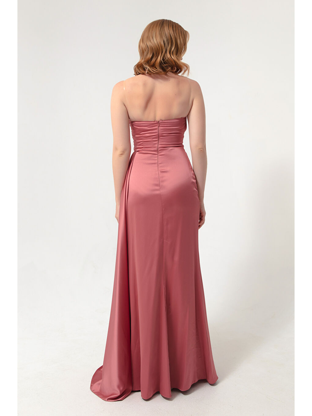 Pembe Kadın Somon Göğüs Taşlı Uzun Abiye Elbise-4