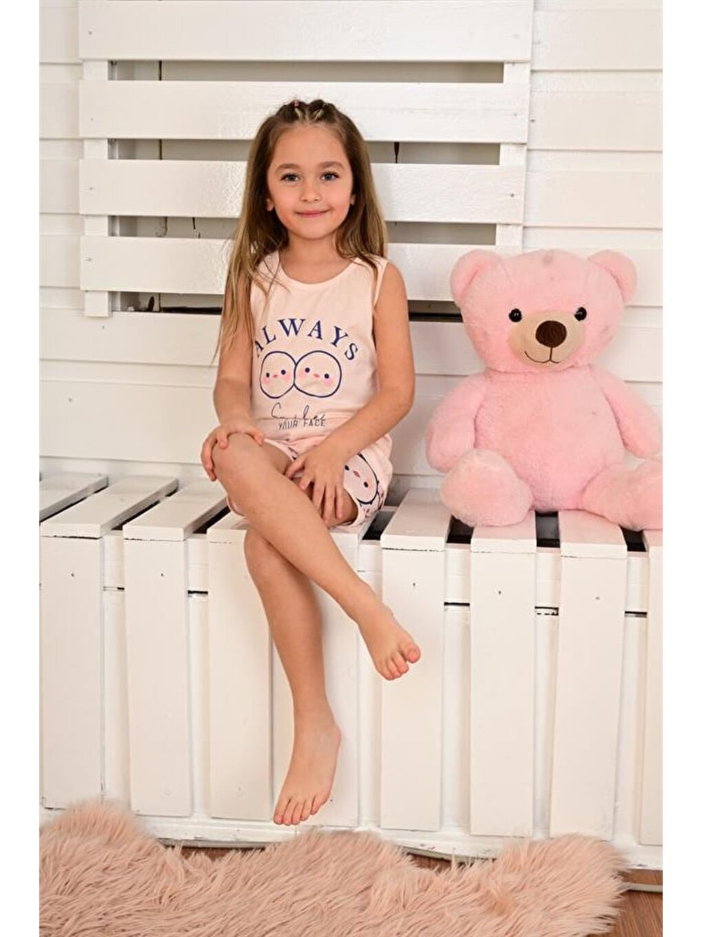 Pembe Kız Çocuk Askılı Pijama Takımı Always Smile Somon-1