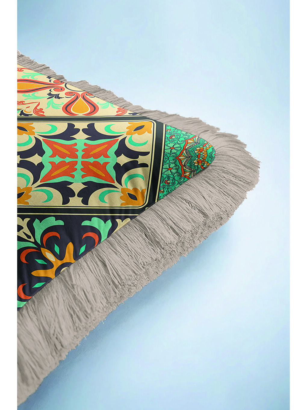 Karışık Avangart Mozaik Saçaklı Yastık Kılıfı - Vintage Etnik Mint Turuncu Gri Püsküllü Kırlent Kılıfı-6