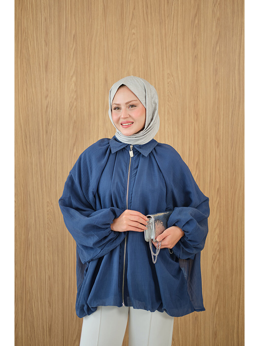 Kadın Astarlı Balon Kol Ceket İndigo Mavi-2