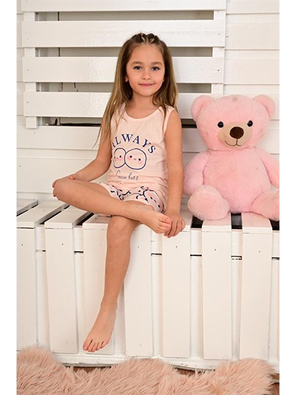 Pembe Kız Çocuk Askılı Pijama Takımı Always Smile Somon-2
